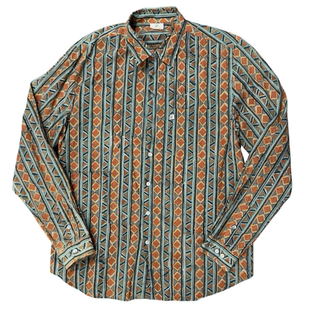 Anokhi Geometric Button Up Shirt Mens Large Cotton Pocket Summer Aztec Boho